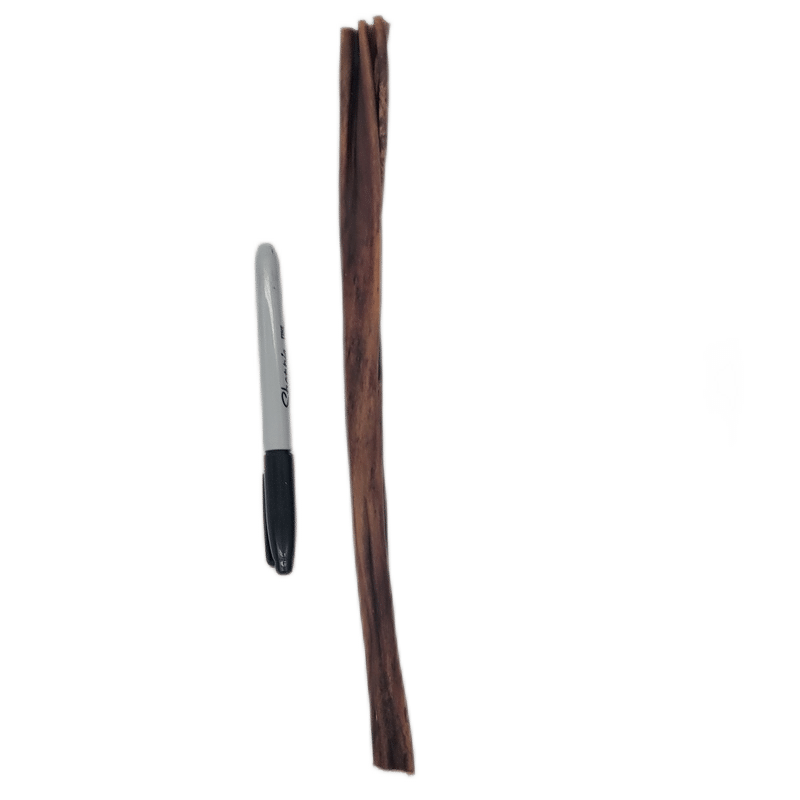 10-12 Regular Chomper Chew (100% Beef Collagen) shown next to a Sharpie for scale; features fibrous ends, ideal for active dog chewers.