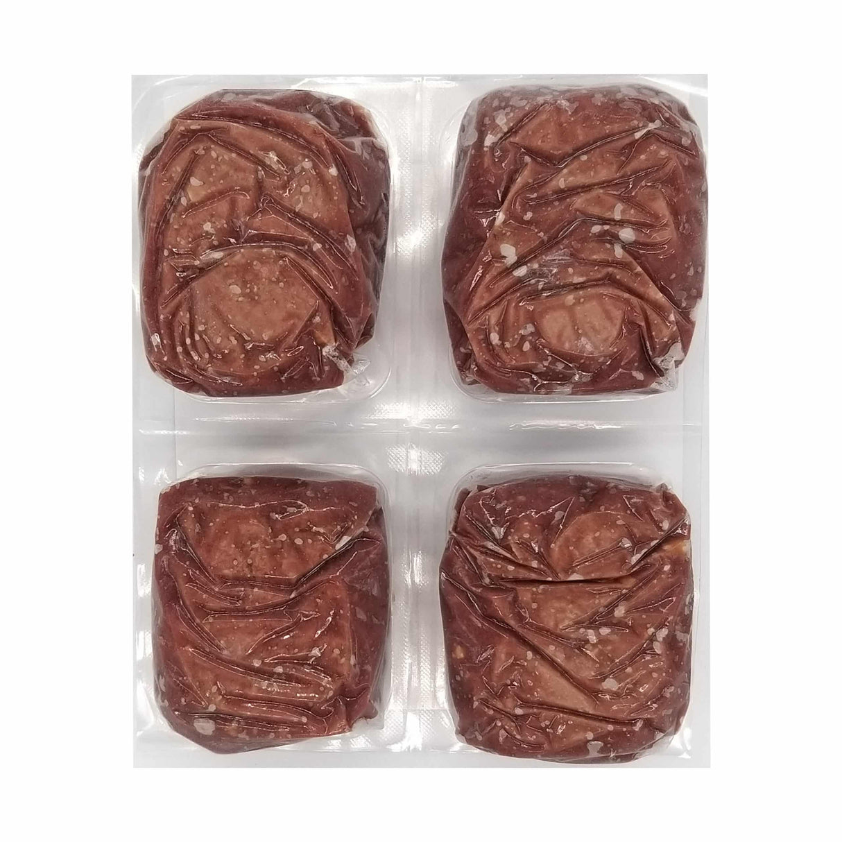Red Dog Blue Kat Beef for Dogs: A 2x2 tray of vacuum-sealed beef patties, offering raw, single-protein nutrition for dogs; freezer-friendly and easy to serve.
