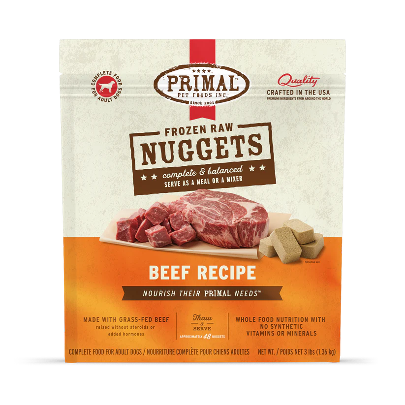 Primal Frozen Beef for Dogs: A 3 lb box of portion-easy, raw beef nuggets, crafted with organic, human-grade ingredients for balanced canine nutrition.