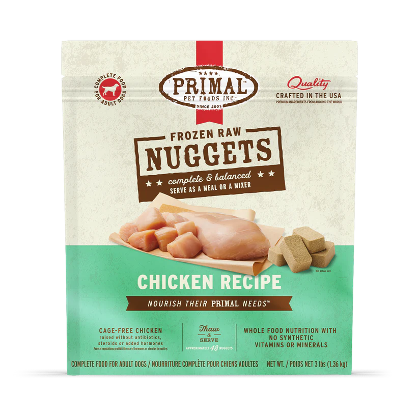Primal Frozen Chicken for Dogs package showing resealable bag of raw chicken nuggets, highlighting cage-free, antibiotic-free chicken, whole-food nutrition, and easy thaw-and-serve convenience for balanced canine meals.