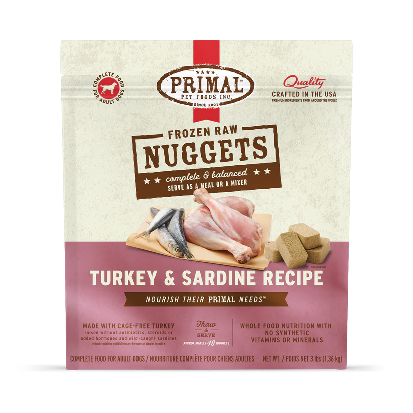 Primal Frozen Turkey & Sardine for Dogs: Retail bag showing nuggets, turkey, and sardines images, highlighting USA-made, cage-free, wild-caught ingredients; balanced raw diet for adult dogs.