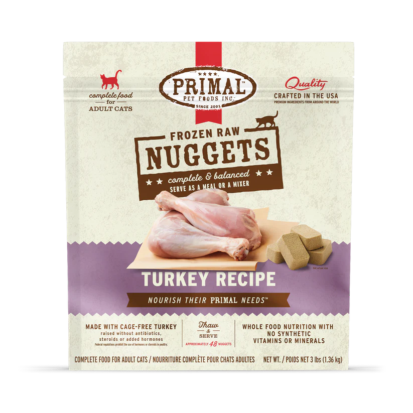 Primal Frozen Turkey Formula for Cats retail box with turkey drumsticks image, labeled Frozen Raw Nuggets, Turkey Recipe, promoting cage-free turkey, no synthetic additives, and portion-easy nuggets.