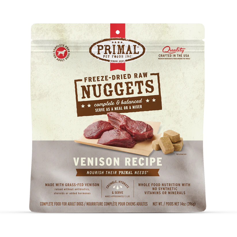 Primal Freeze Dried Venison for Dogs: 14 oz bag of freeze-dried raw nuggets, featuring grass-fed venison, rehydrates to 3 lbs, complete and balanced nutrition.