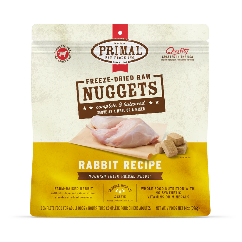 Primal Freeze Dried Rabbit For Dogs package featuring freeze-dried nuggets and raw rabbit pieces, highlighting a complete, balanced, single-protein diet for adult dogs.