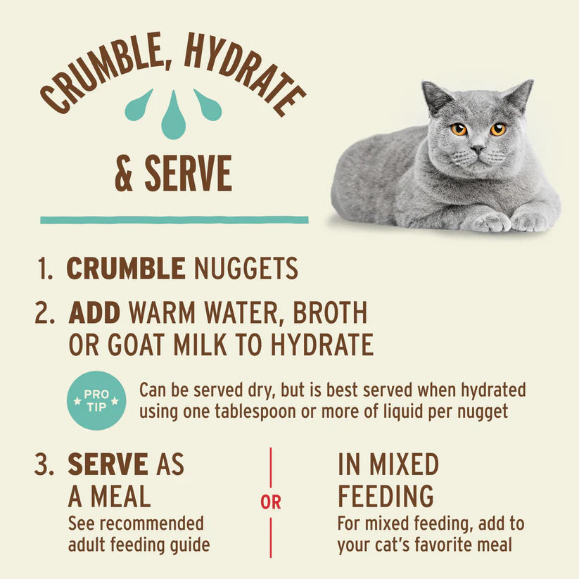 Infographic for Primal Freeze Dried Chicken & Salmon for Cats showing steps: crumble nuggets, hydrate with liquid, and serve. Features gray cat and feeding guide.