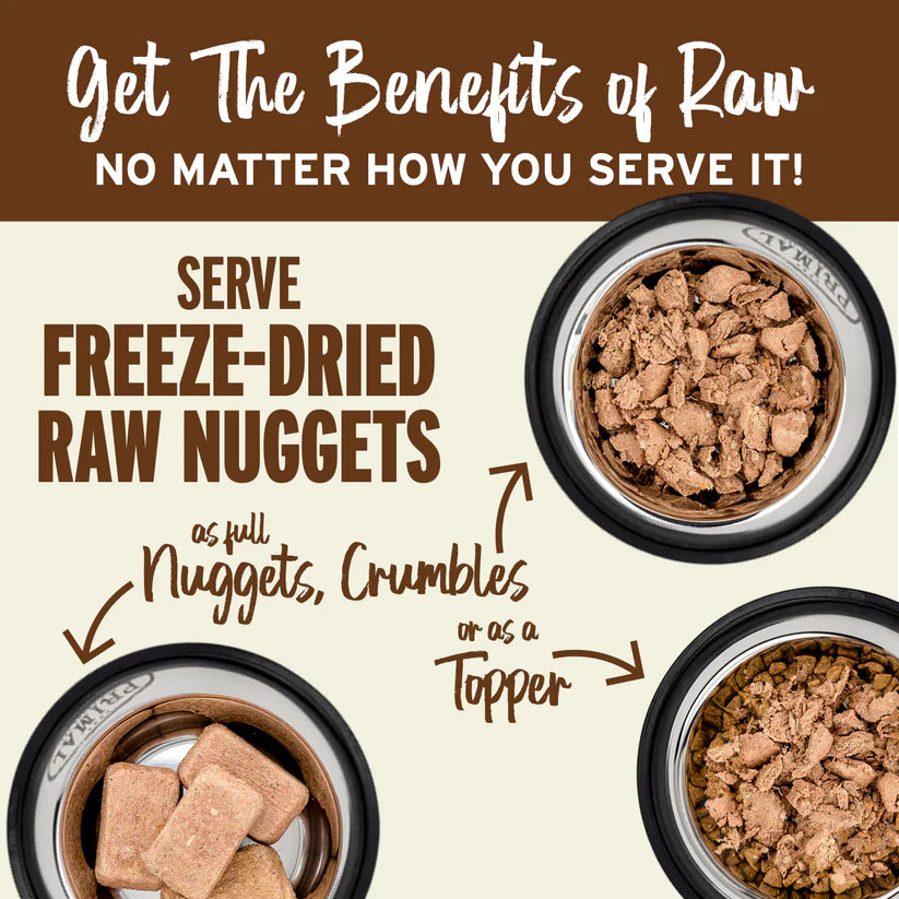 Primal Freeze Dried Turkey for Cats: metal bowls with whole nuggets, crumbles, topper. Raw nutrition benefits, easy-to-portion, rehydrates to 3 lbs.