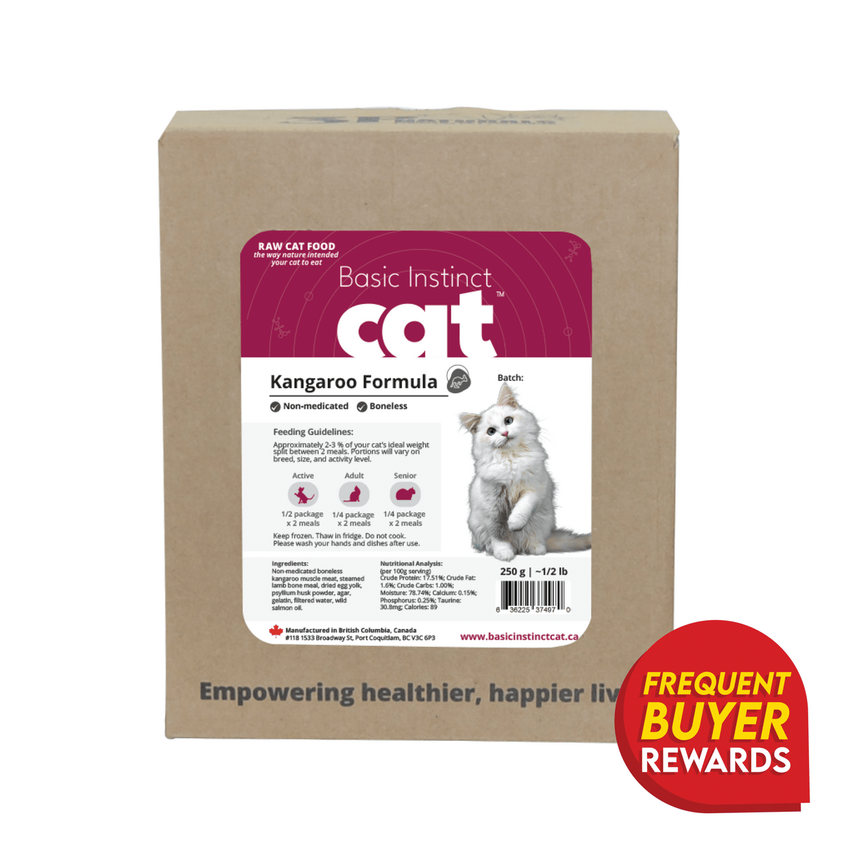 3P Basic Instinct Non-Medicated Kangaroo for Cats raw food box, featuring non-medicated boneless kangaroo meat with feeding guidelines, a cat photo, and a rewards badge.