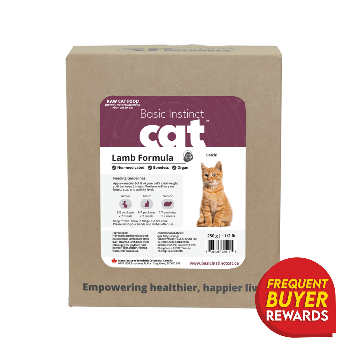 3P Basic Instinct Non-Medicated Lamb with Organ for Cats, featuring a raw food blend of lamb and organ meats, with a red Frequent Buyer Rewards badge.