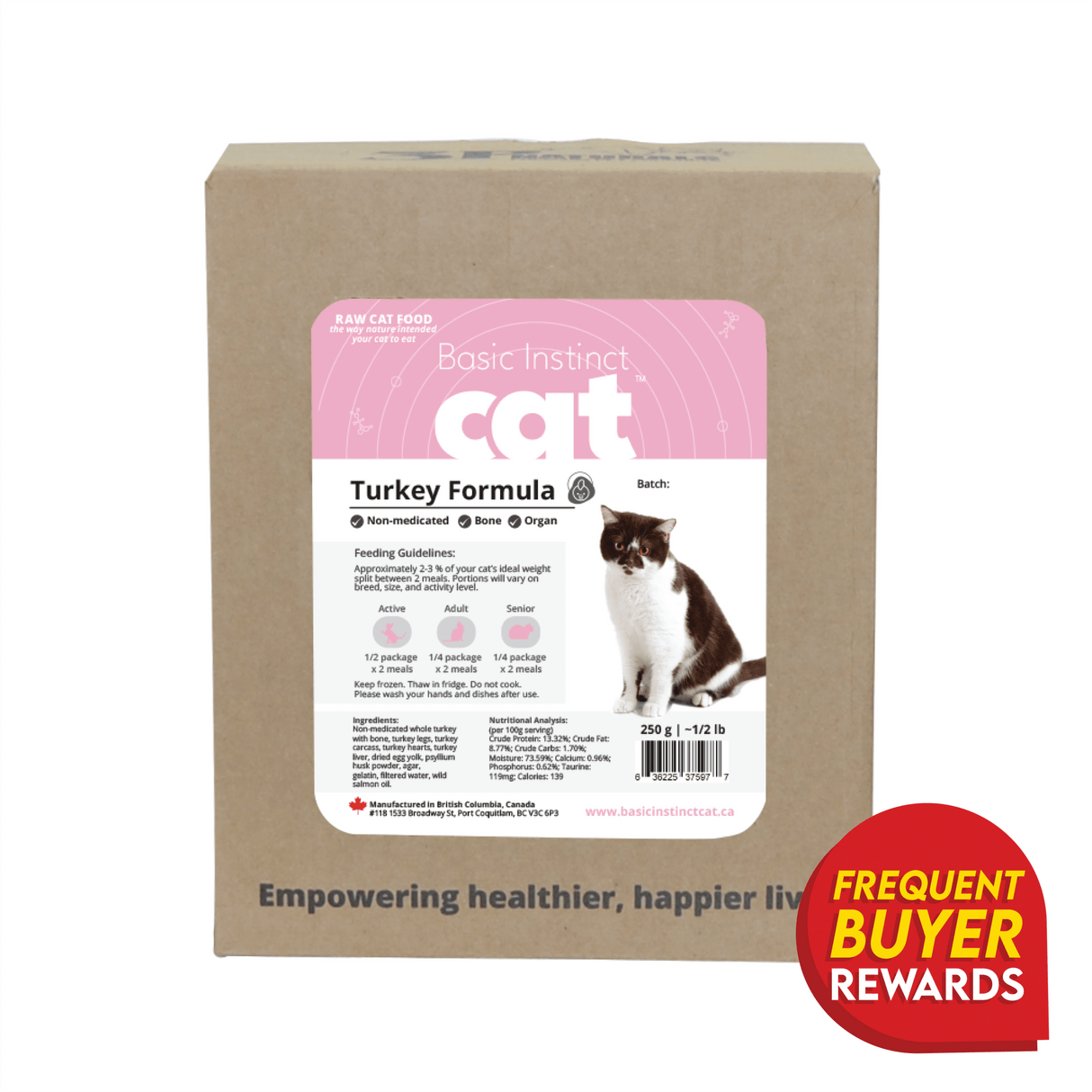 3P Basic Instinct Non-Medicated Turkey with Organ and Bone for Cats in 250g box, featuring feeding guidelines, nutritional info, and a cat photo on the label.
