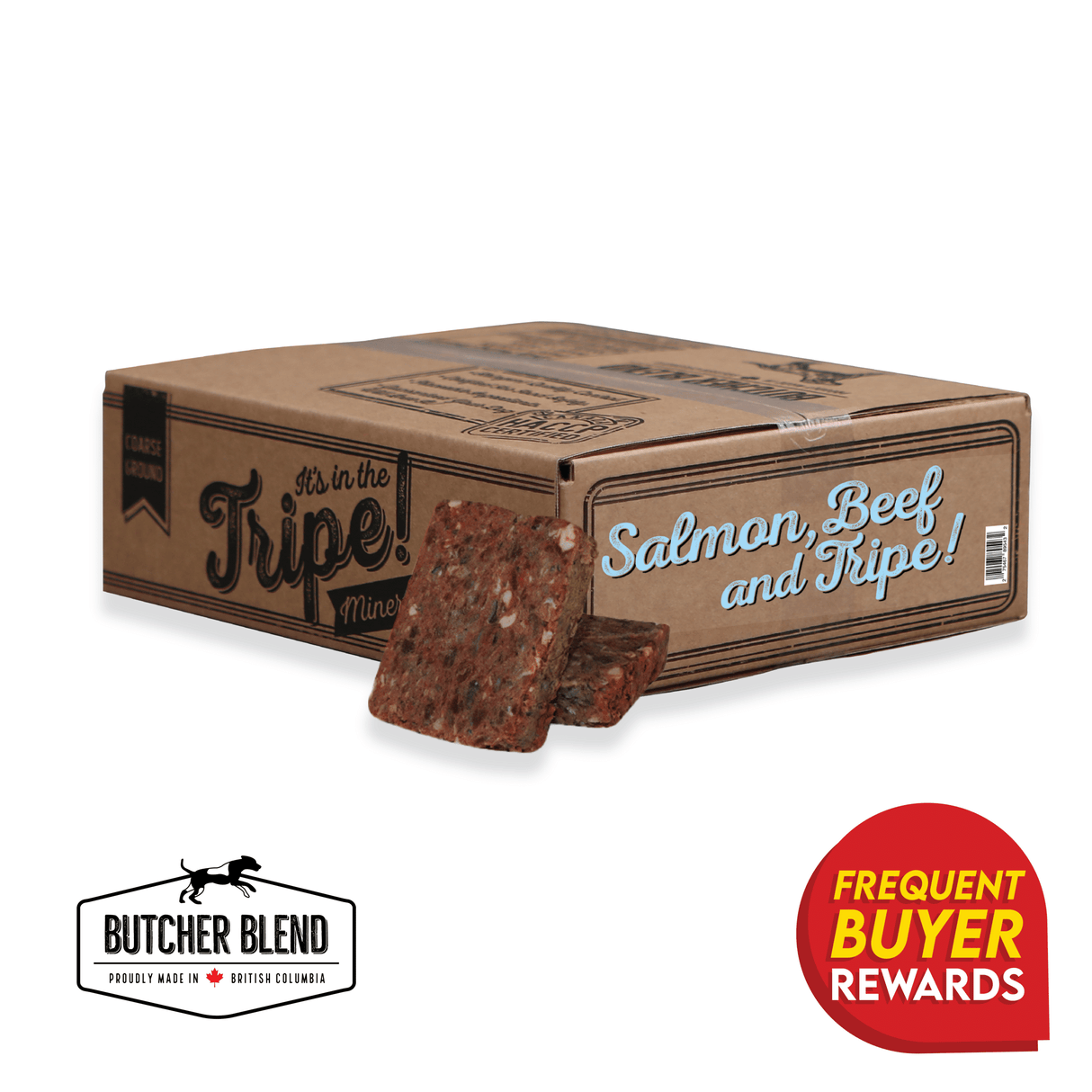 Butcher Blend Beef, Salmon & Tripe for Dogs shown with raw patties. Features a Frequent Buyer Rewards program, ideal for large dogs and multi-pet homes.