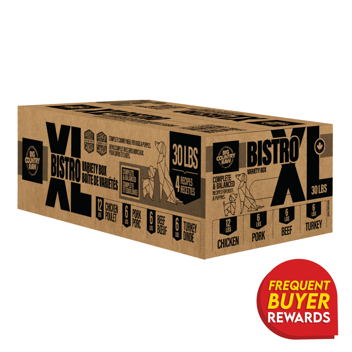 Big Country Raw XL Bistro Variety Box featuring 30 lbs of raw pet food, includes chicken, turkey, beef, and pork packs, with a Frequent Buyer Rewards badge.