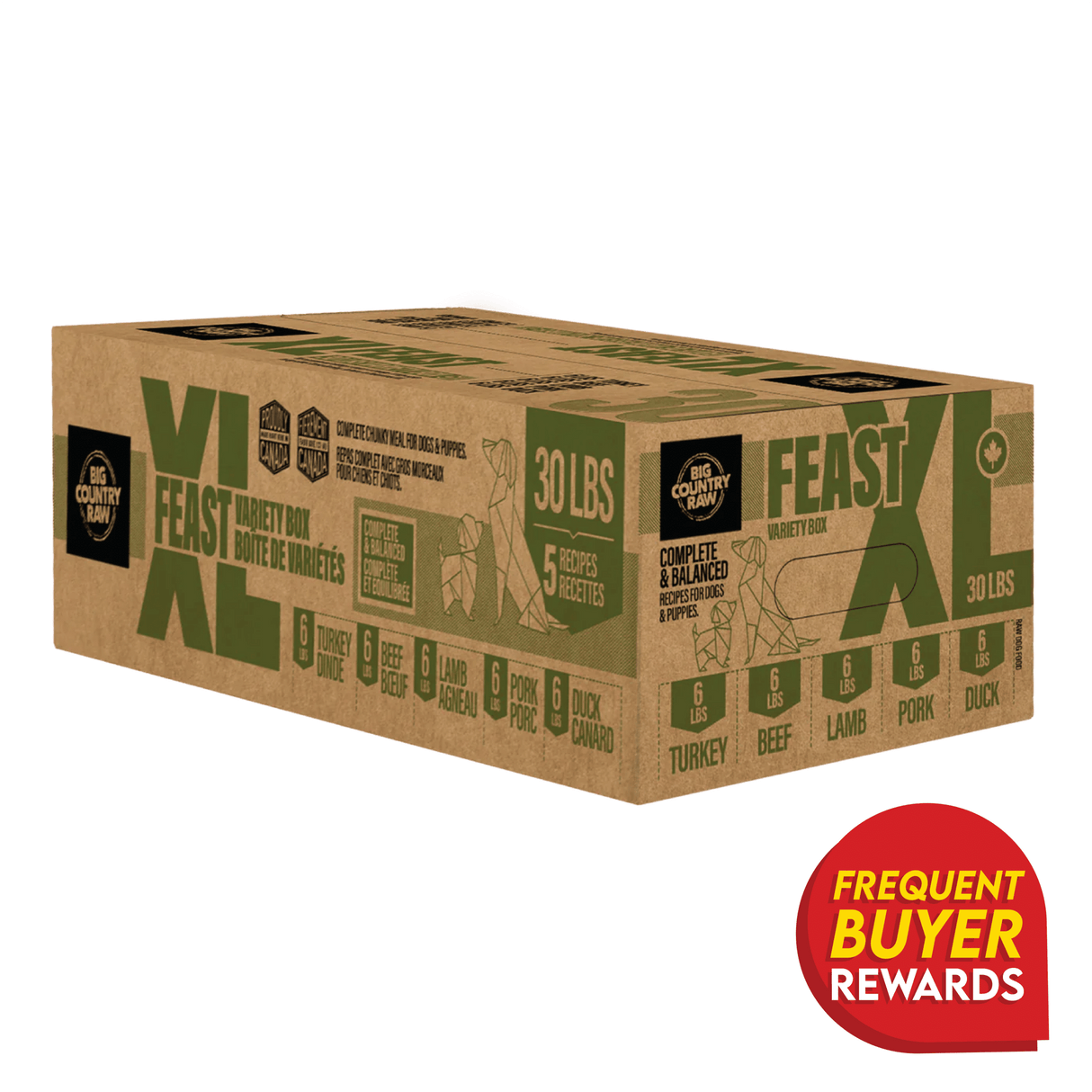 Big Country Raw XL Feast variety box, 30 lb of dog food in five 6 lb portions: beef, lamb, turkey, pork, duck. Includes Frequent Buyer Rewards badge.