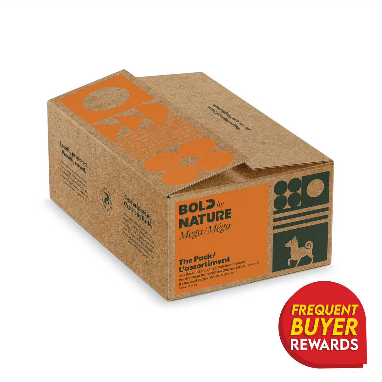 Bold by Nature The Pack Chicken Variety, a kraft carton with patties of chicken, mixed-meat, and beef; includes Frequent Buyer Rewards badge and dog silhouette.