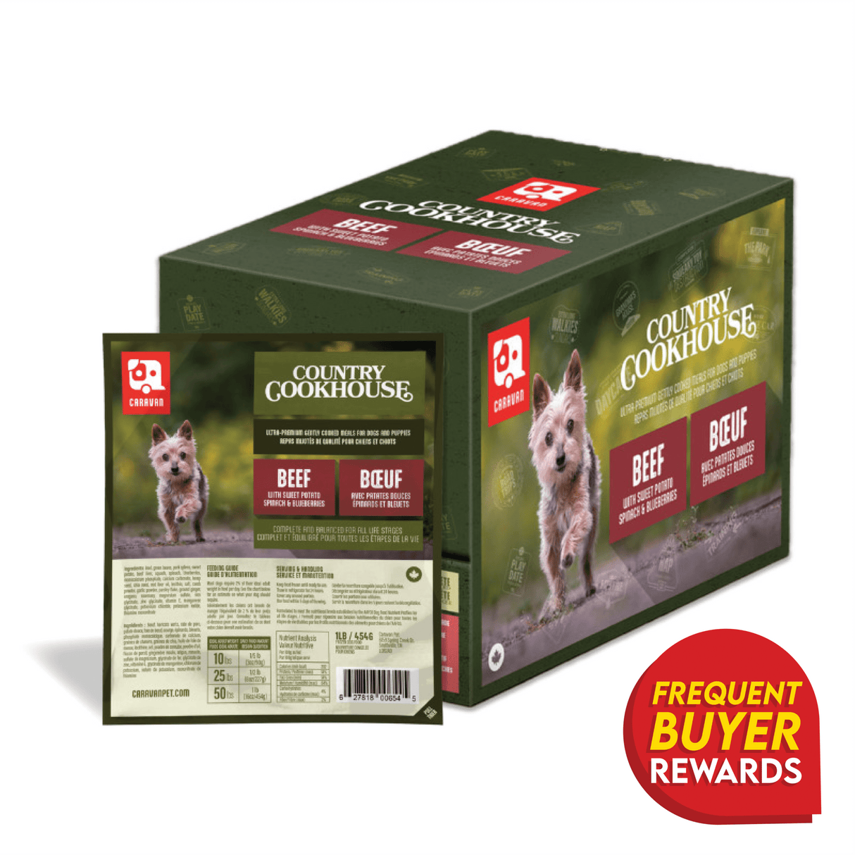 Caravan Country Cookhouse Beef dog food packaging, featuring a terrier dog image, grain-free recipe details, and a Frequent Buyer Rewards badge.