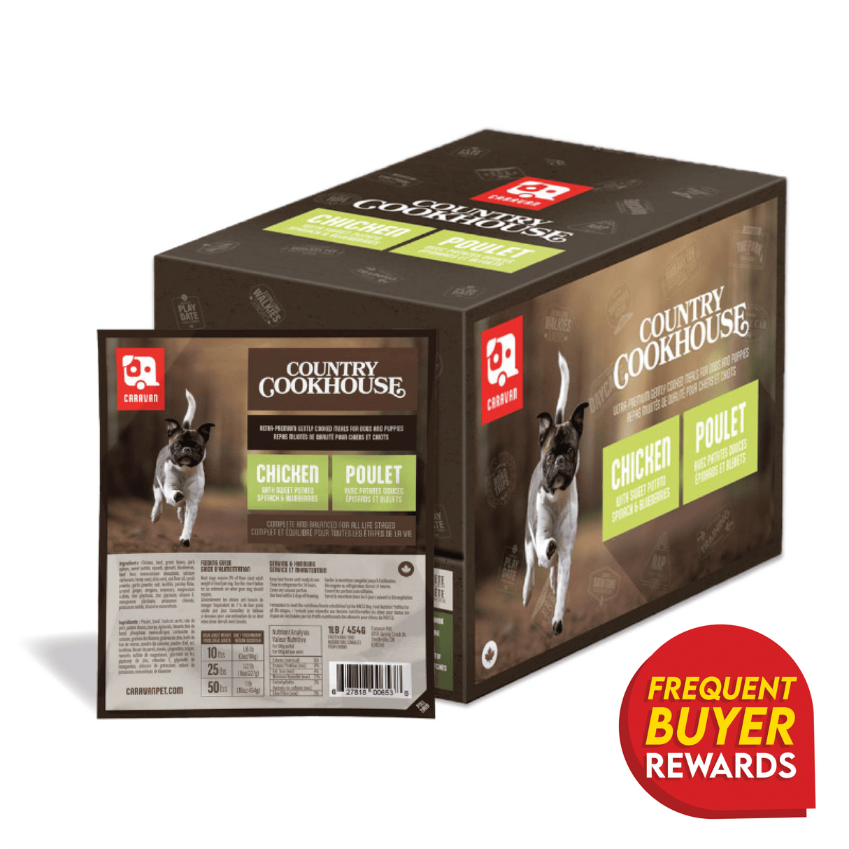 Caravan Country Cookhouse Chicken pet food pouch and cardboard case, featuring a happy dog image, “Frequent Buyer Rewards” badge, and bilingual recipe description.
