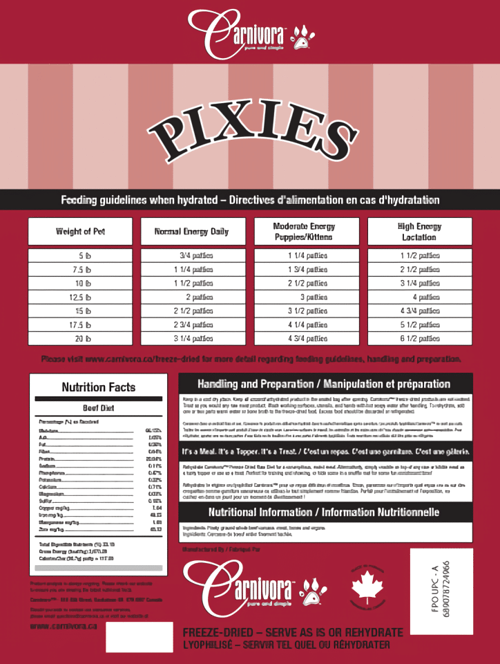 Carnivora Pixies Beef Mini Patties label with feeding chart, nutritional information, preparation instructions. Freeze-dried, made from whole beef, versatile for meals or treats.