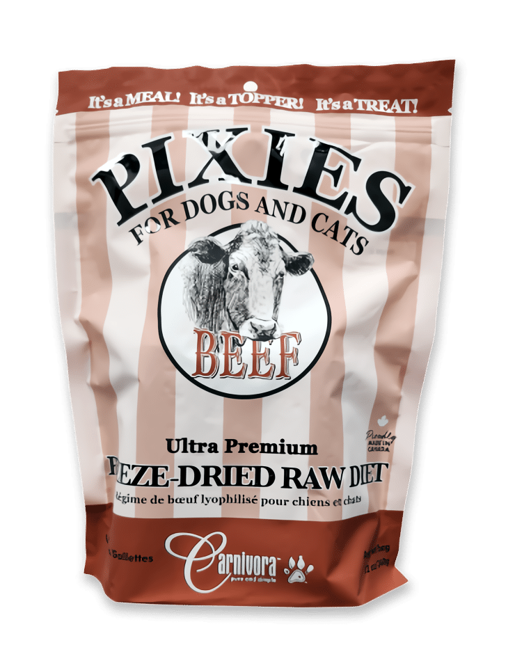 Pixies by Carnivora Beef Mini Patties (freeze-dried) bag showing ultra-premium freeze-dried raw diet for dogs and cats, featuring whole-prey ingredients for meals, toppers, or treats.