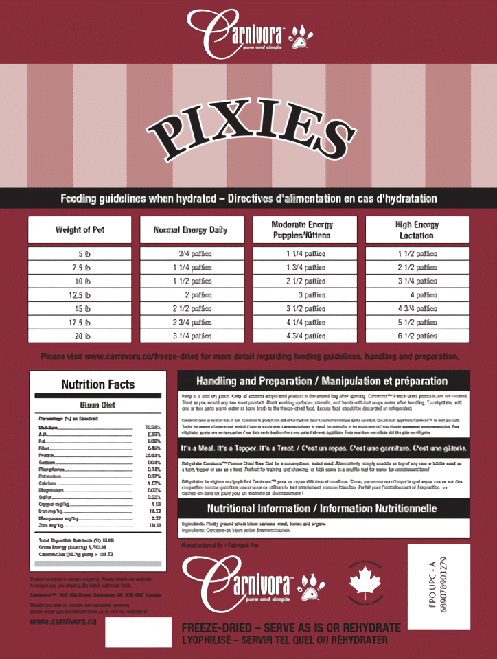 Pixies by Carnivora Bison Mini Patties (freeze-dried) label showing feeding guidelines, nutrition facts, ingredients, handling instructions, and branding with Canadian maple-leaf mark.