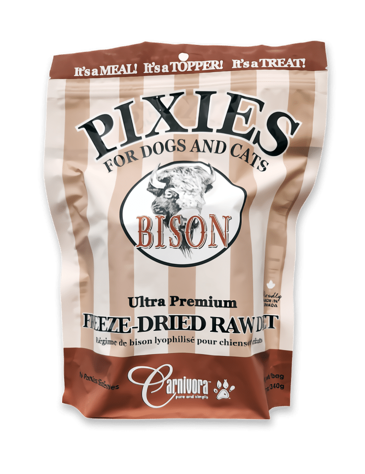 Pixies by Carnivora Bison Mini Patties (freeze-dried) stand-up pouch for dogs and cats, featuring ultra-premium whole-prey nutrition and multipurpose use as meal, topper, or treat.