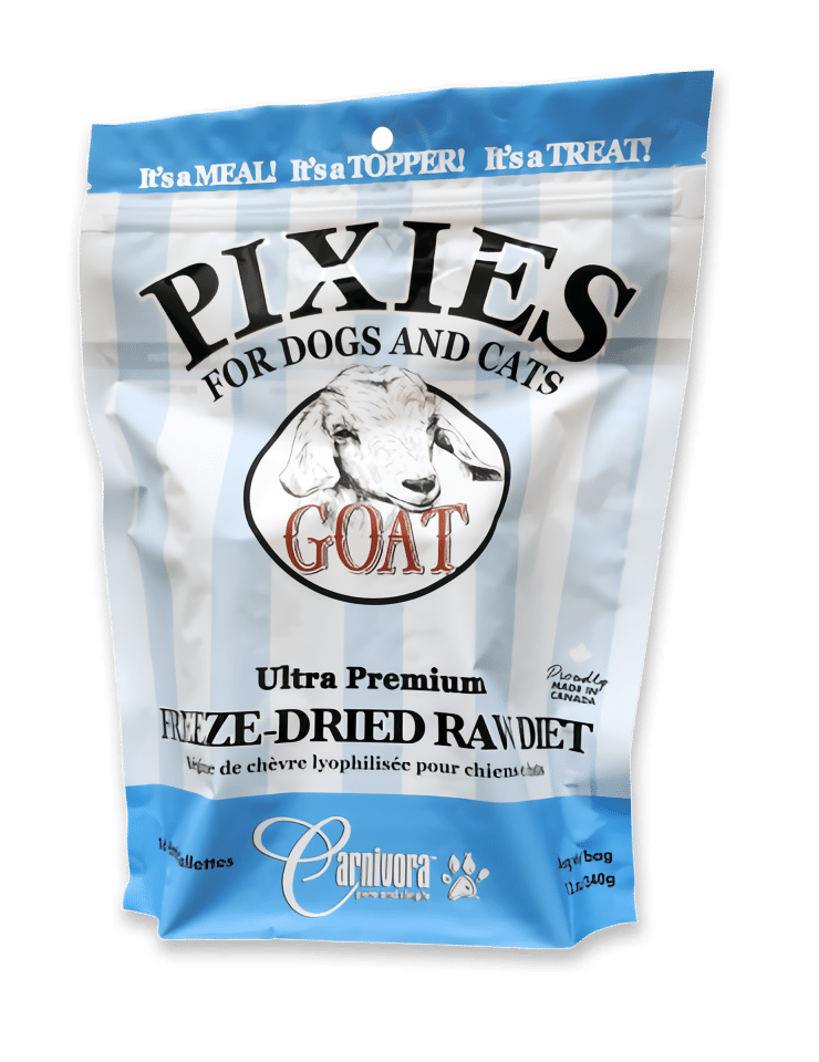 Pixies by Carnivora Pixies Goat Mini Patties (freeze-dried) in a stand-up pouch for dogs and cats, highlighting its ultra-premium, whole-prey, freeze-dried goat formula.