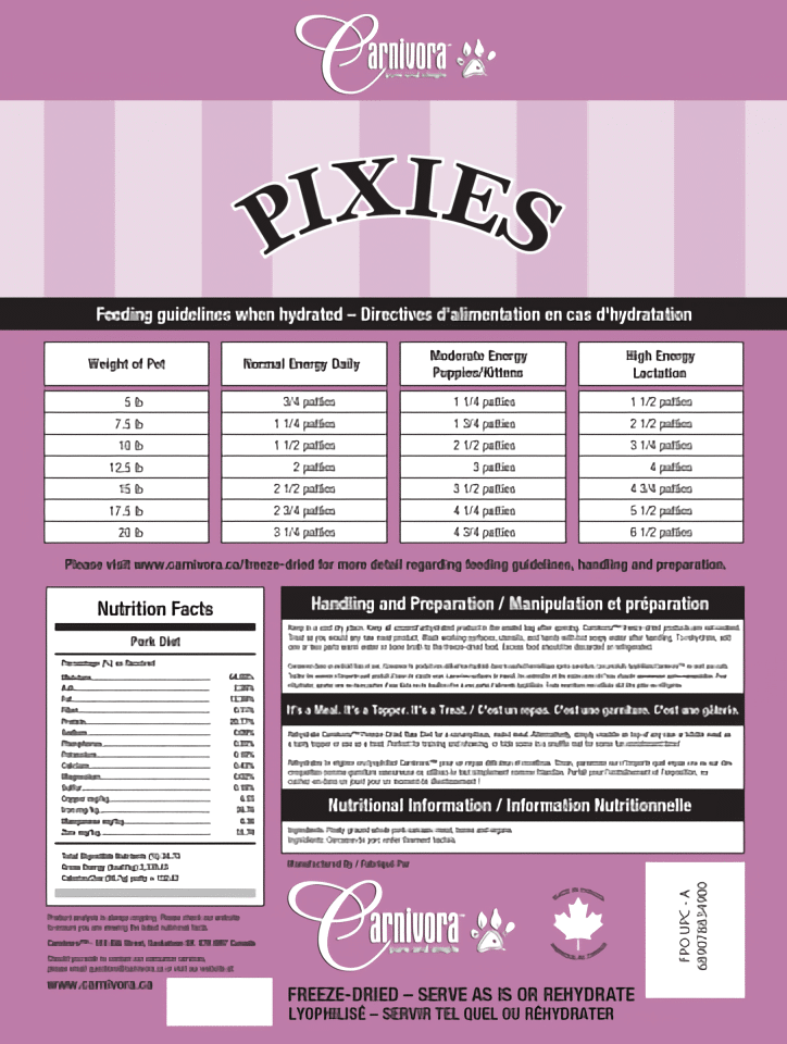 Pixies by Carnivora Pork Mini Patties (freeze-dried) package shows feeding chart, nutrition facts, ingredients, and preparation tips, highlighting whole-prey nutrition and freeze-dried convenience.