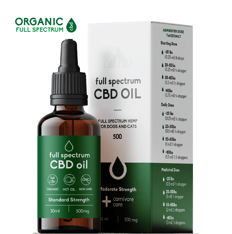 Carnivore Care Organic Full Spectrum Hemp Oil for pets, 30 ml amber tincture with dosing chart, 500 mg CBD, organic MCT oil, non-GMO, standard strength.