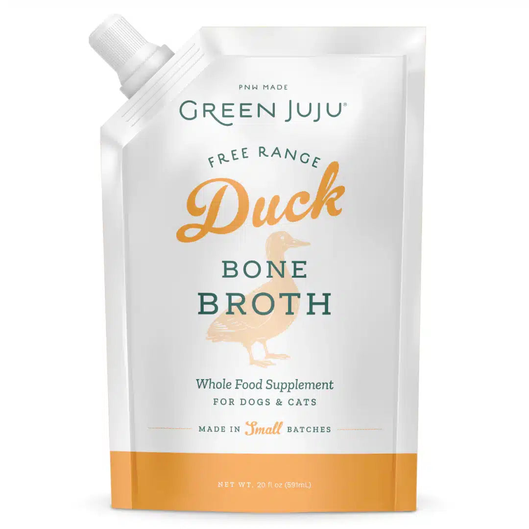 Green Juju Duck Bone Broth 20oz pouch, featuring a squeezable design, marketed as a functional hydration supplement for pets, supporting joints, skin, and digestion.