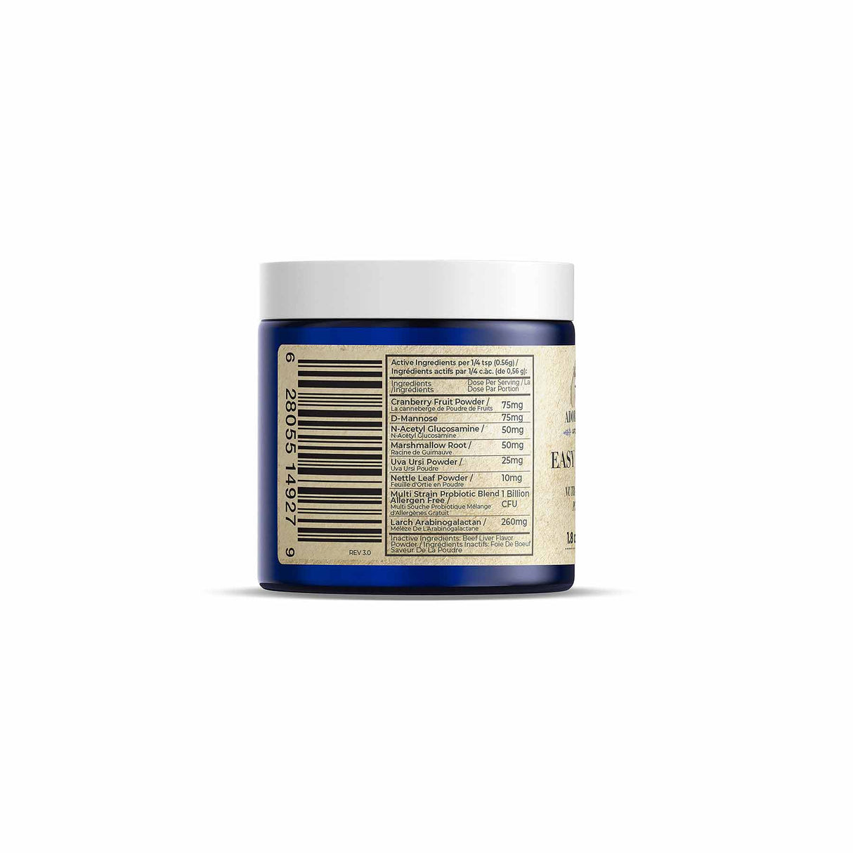 Adored Beast Easy Peesy II Powder in a blue jar supports pet urinary health with a blend of probiotics, cranberry, and other natural ingredients.