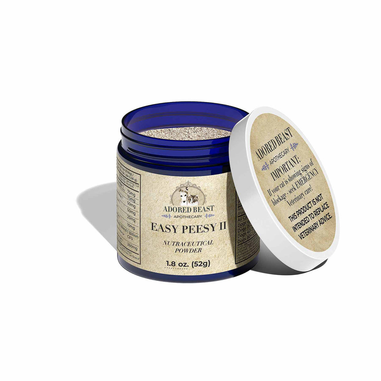 Adored Beast Easy Peesy II Powder in a cobalt-blue jar with lid off, showing beige supplement for pet urinary health support.
