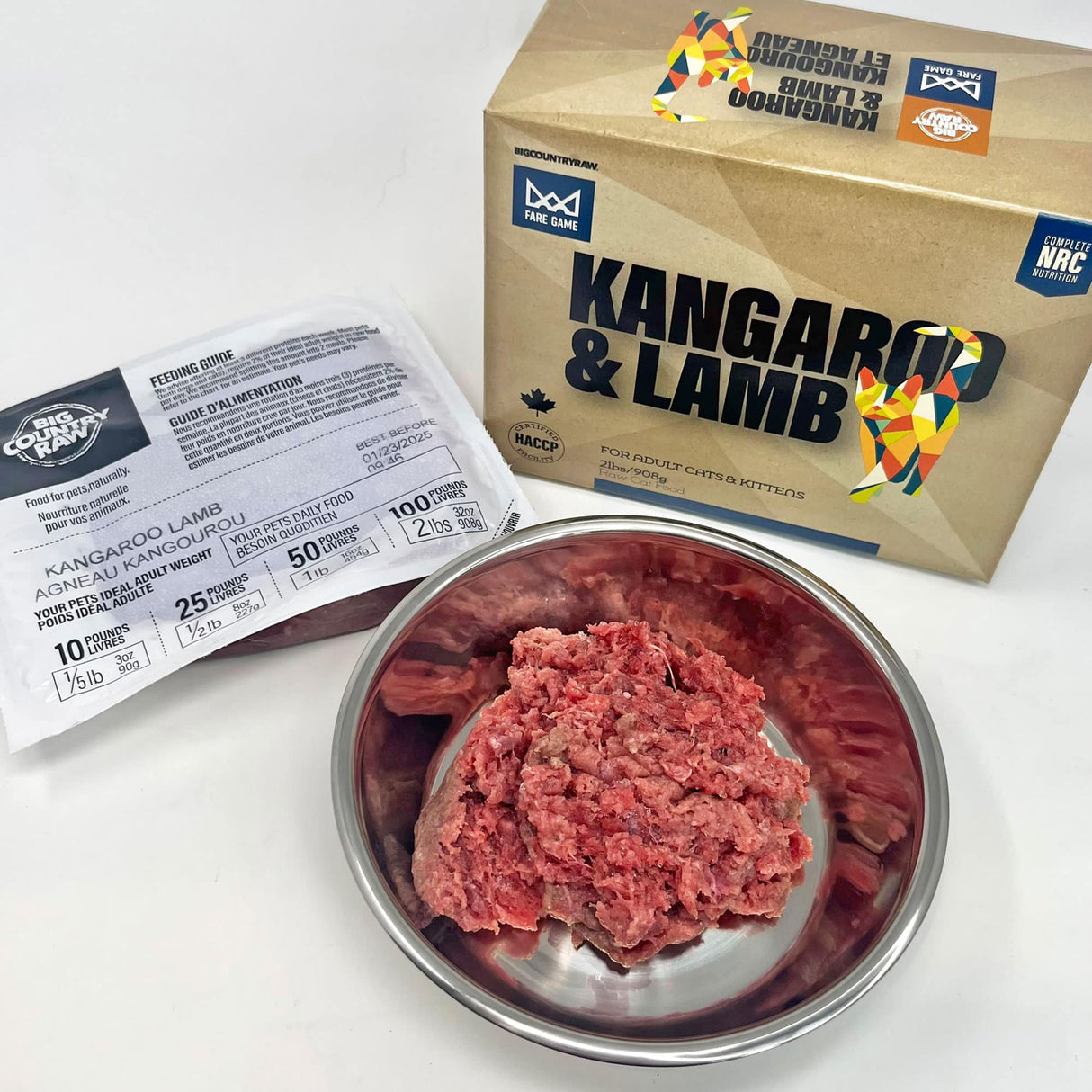 Fare Game Kangaroo & Lamb by Big Country Raw features raw meat in a stainless-steel bowl, with packaging showing feeding instructions and product branding.