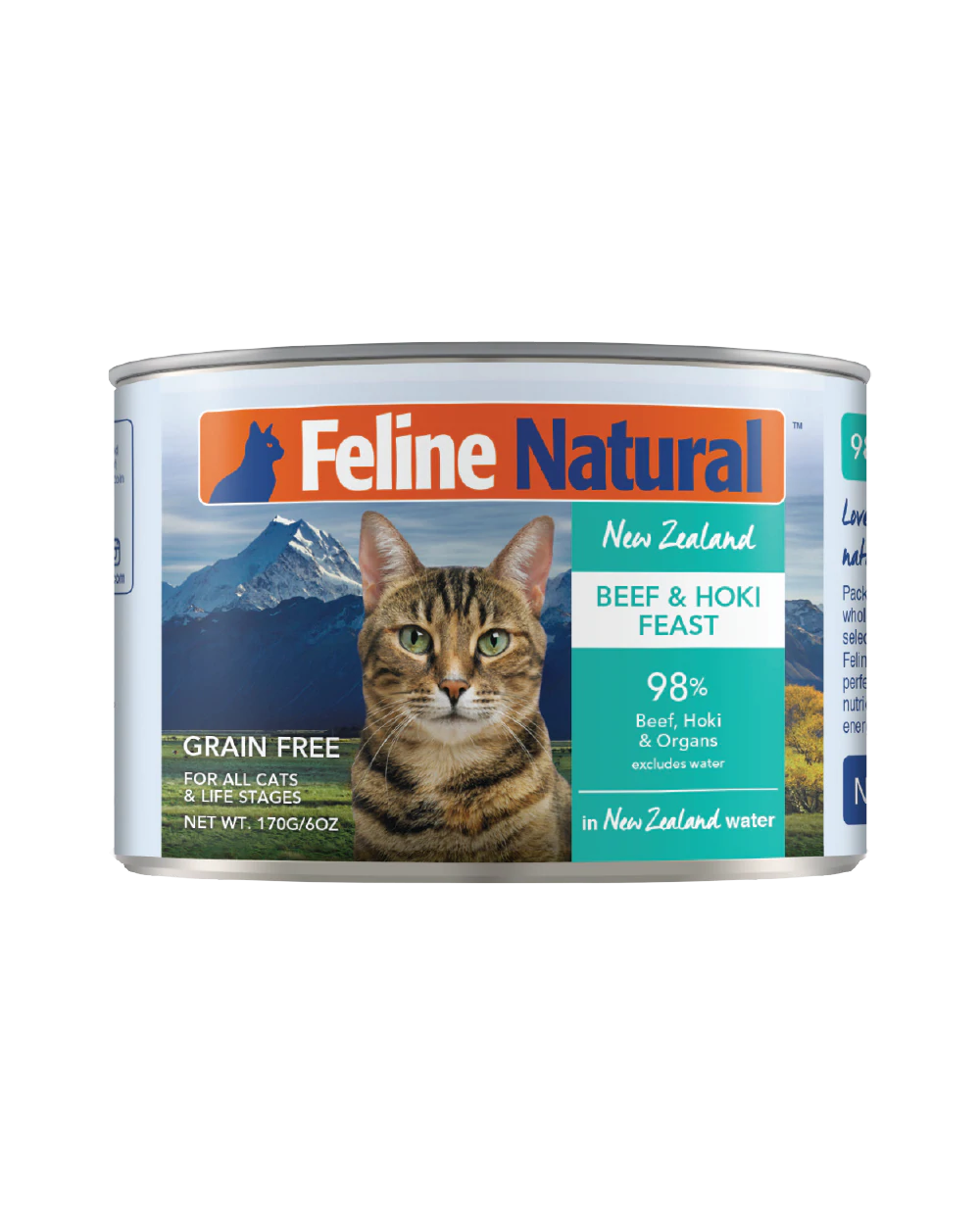 Feline Natural Canned Food for Cats, New Zealand Beef & Hoki Feast, 170g. Features tabby cat with mountain backdrop, grain-free, protein-rich nutrition.