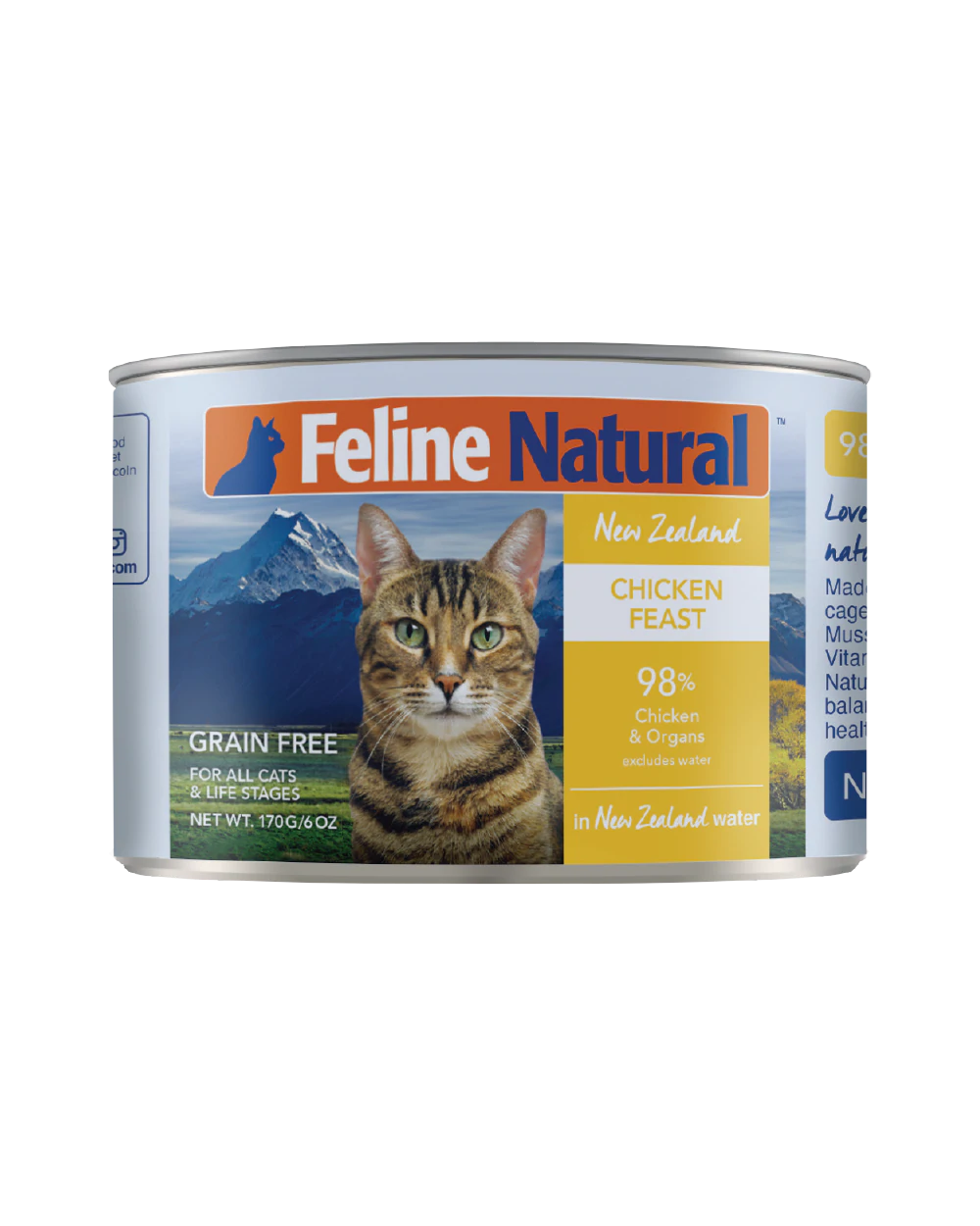 Feline Natural Canned Food for Cats tin, New Zealand Chicken Feast formula, 170g, grain-free, 98% chicken and organs, ready-to-serve, complete nutrition.