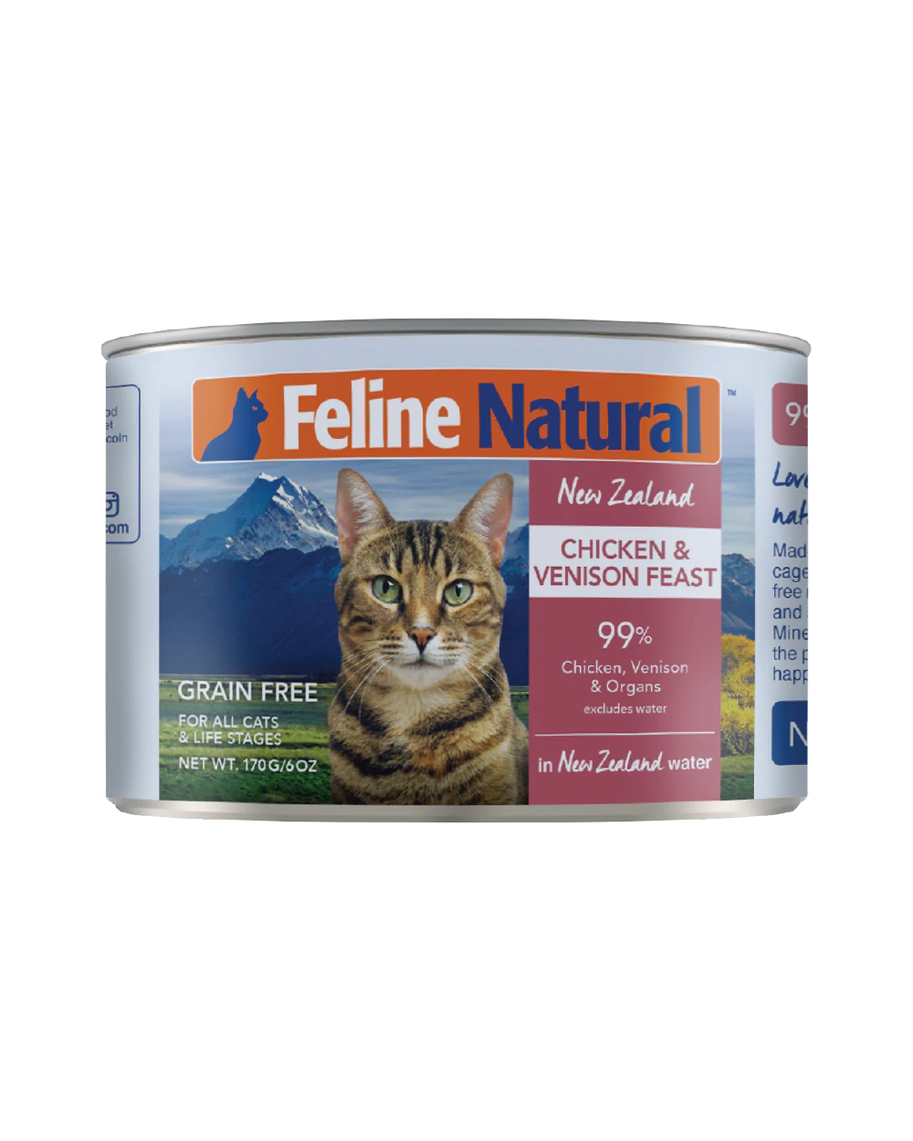Feline Natural Canned Food for Cats, Chicken & Venison Feast in a 170g can showing a tabby cat with mountainous background, highlighting grain-free, high-meat content.