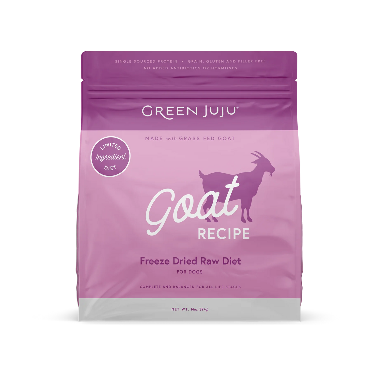 Green Juju Freeze Dried Goat for Dogs in a pink/purple stand-up pouch, features goat silhouette, limited ingredient badge, and diet claims, 14 oz.