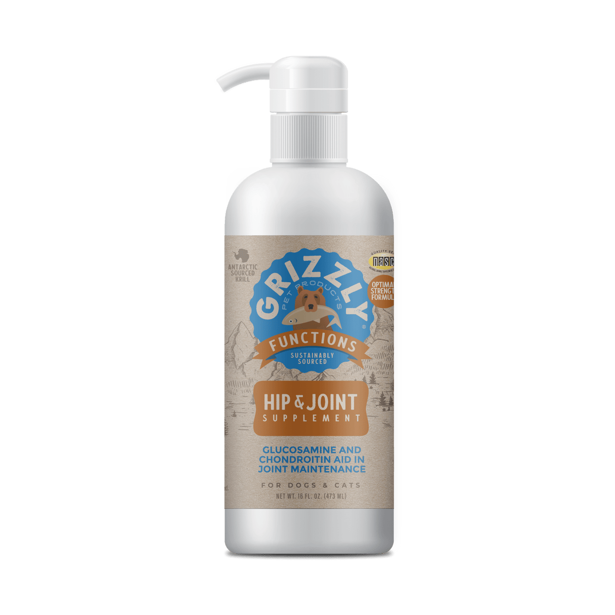 Grizzly Joint Aid Liquid Hip and Joint Supplement 946mL bottle with pump, featuring glucosamine and chondroitin, designed for canine and feline joint health.