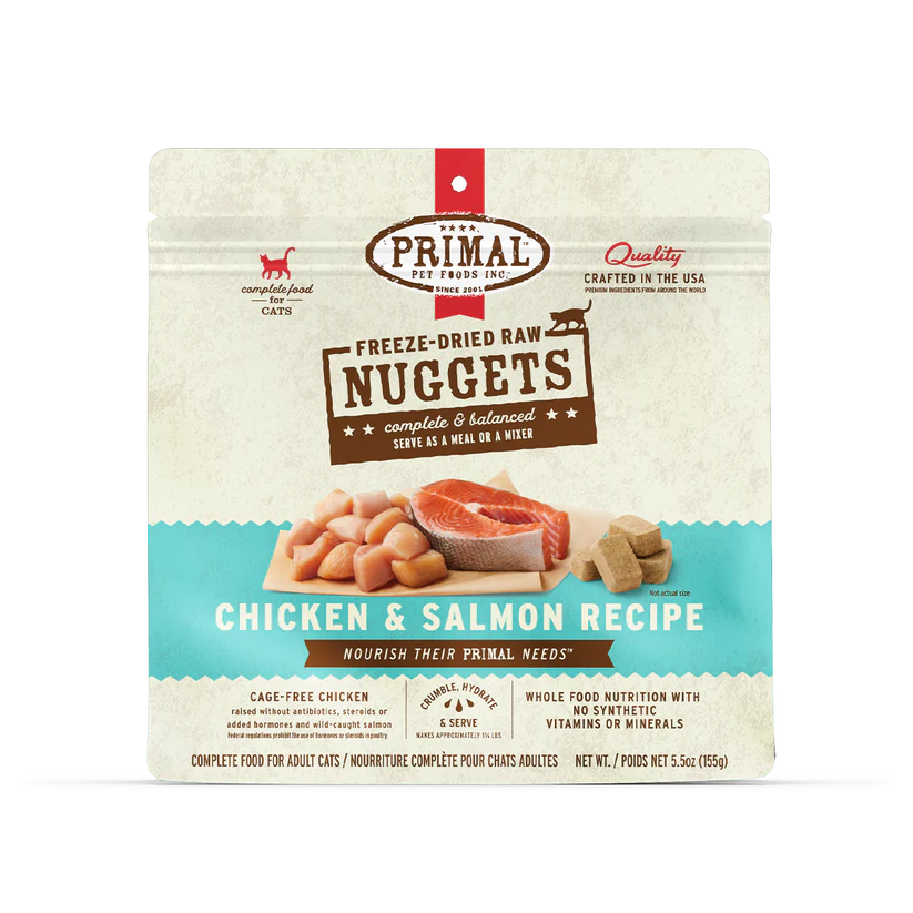 Primal Freeze Dried Chicken & Salmon for Cats in a 5.5 oz pouch, featuring cage-free chicken, wild-caught salmon, and no synthetic additives.