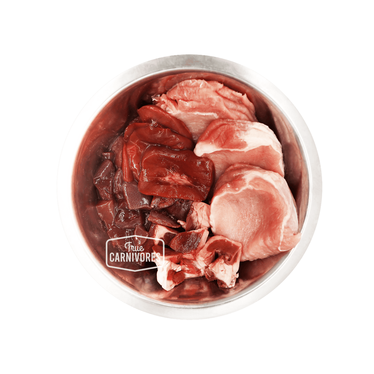 Metal bowl with raw pork cuts and organs, branded True Carnivores, showcasing 100 Mile Raw Just Pork, a locally sourced, boneless pet food mix.