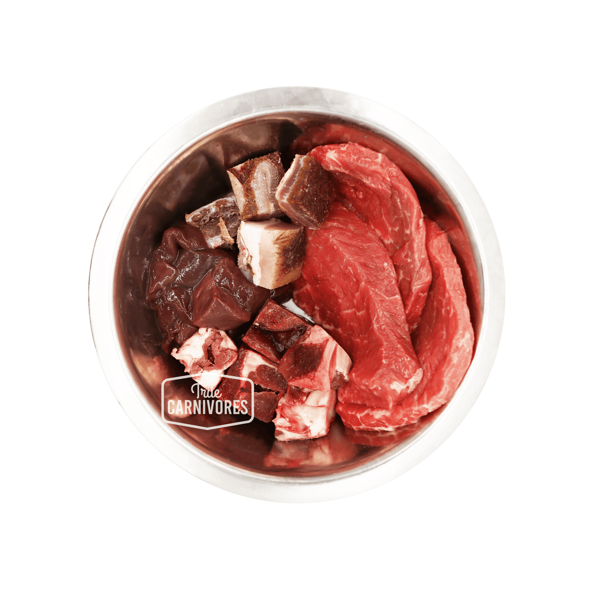 Stainless-steel bowl with True Carnivores branding, showcasing 100 Mile Raw Just Beef mix of red meat cuts, organ pieces, and bone fragments for pets.