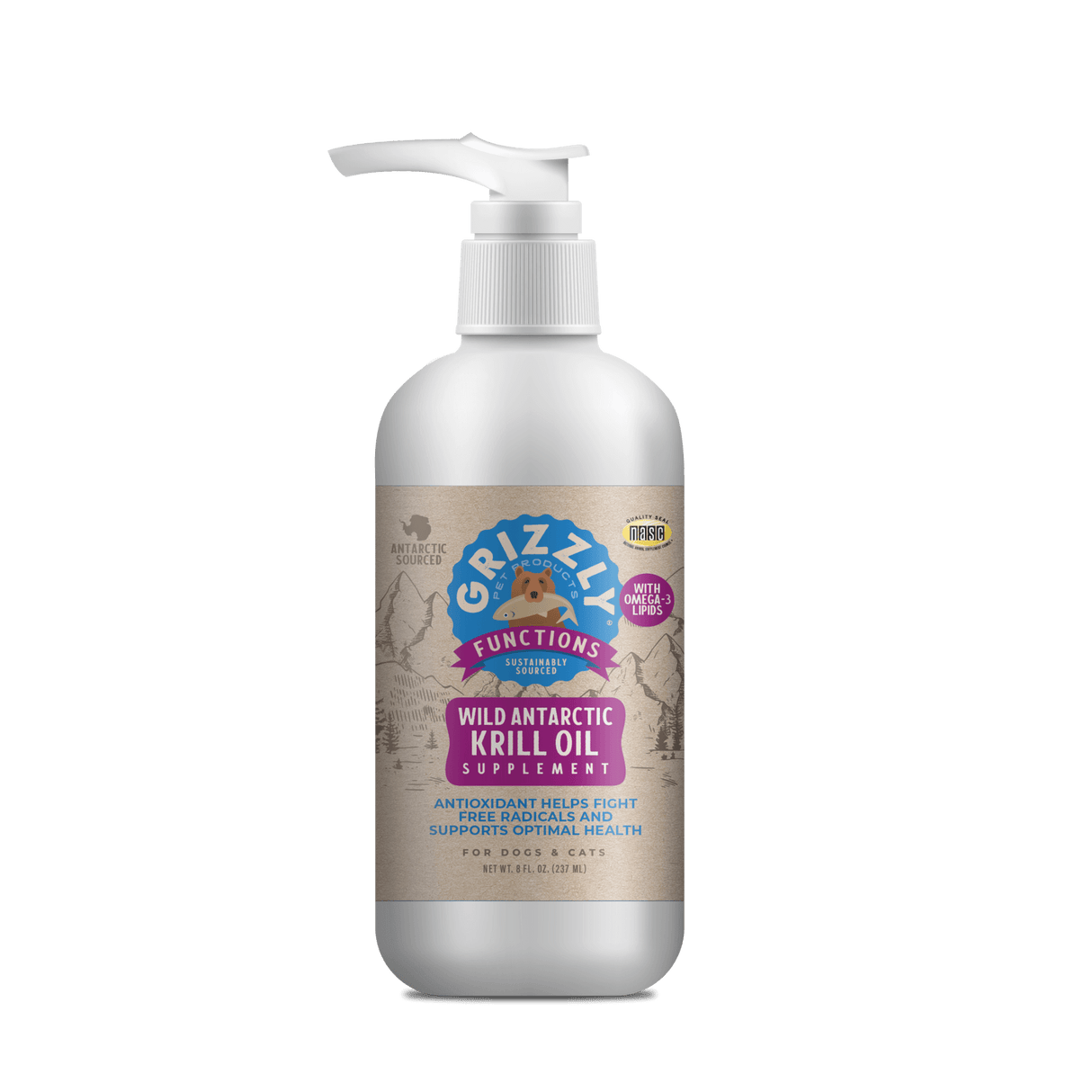 Grizzly Krill Oil Liquid Antioxidant 8oz (237mL) for dogs and cats; white pump-bottle labeled for sustaining pet health with omega-3 lipids and antioxidants.