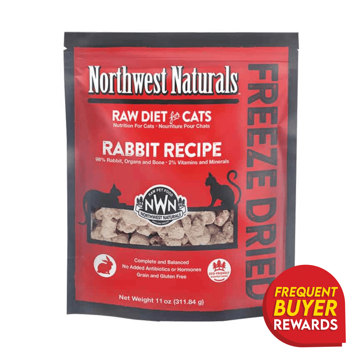 Northwest Naturals Rabbit Recipe freeze-dried cat food pouch, 11 oz., highlights 98% rabbit content, grain-free, no added antibiotics, ideal for sensitive cats.