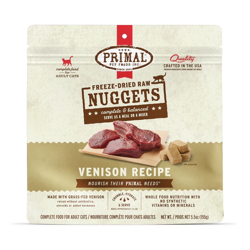 Primal Freeze Dried Venison for Cats package features raw venison images, grass-fed claims, and usage instructions, emphasizing a complete, balanced, freeze-dried raw diet.