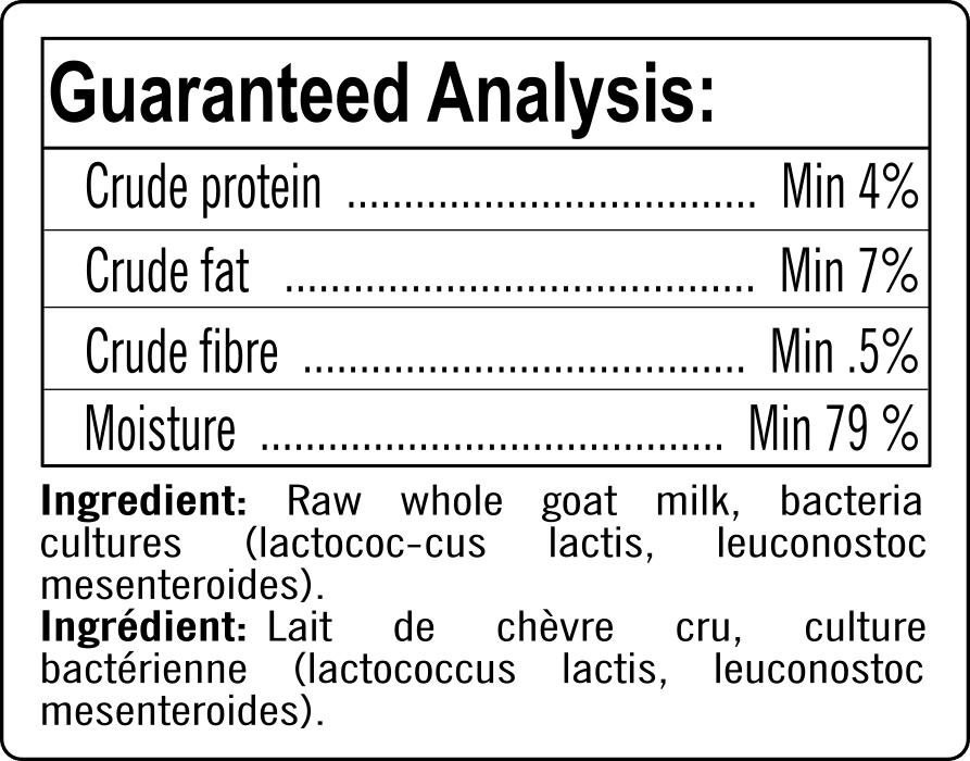 Back 2 Basics Raw Fermented Goat Milk's panel shows crude protein 4%, fat 7%, fiber 0.5%, moisture 79%. Ingredients: raw whole goat milk, bacteria cultures.