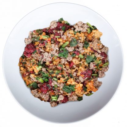 Tom & Sawyer Rosemary Venison bowl featuring lean venison, cooked grains, sweet potato, kale, and dried cranberries, offering a wholesome, balanced meal for pets.