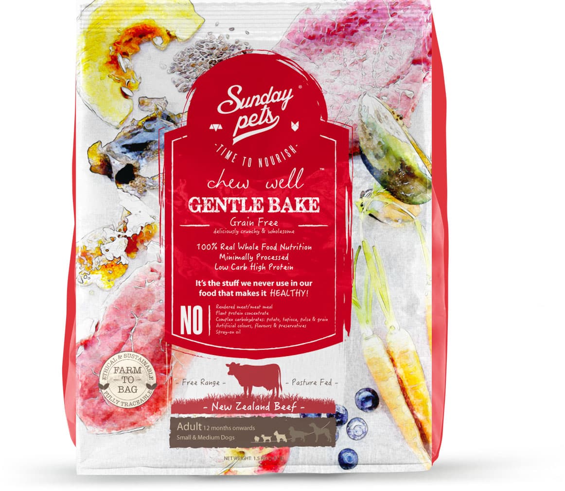 Sunday Pets Beef for Dogs retail bag featuring grain-free, gently baked kibbles; showcases beef cuts, carrots, blueberries, and seeds, for small and medium breed adult dogs.