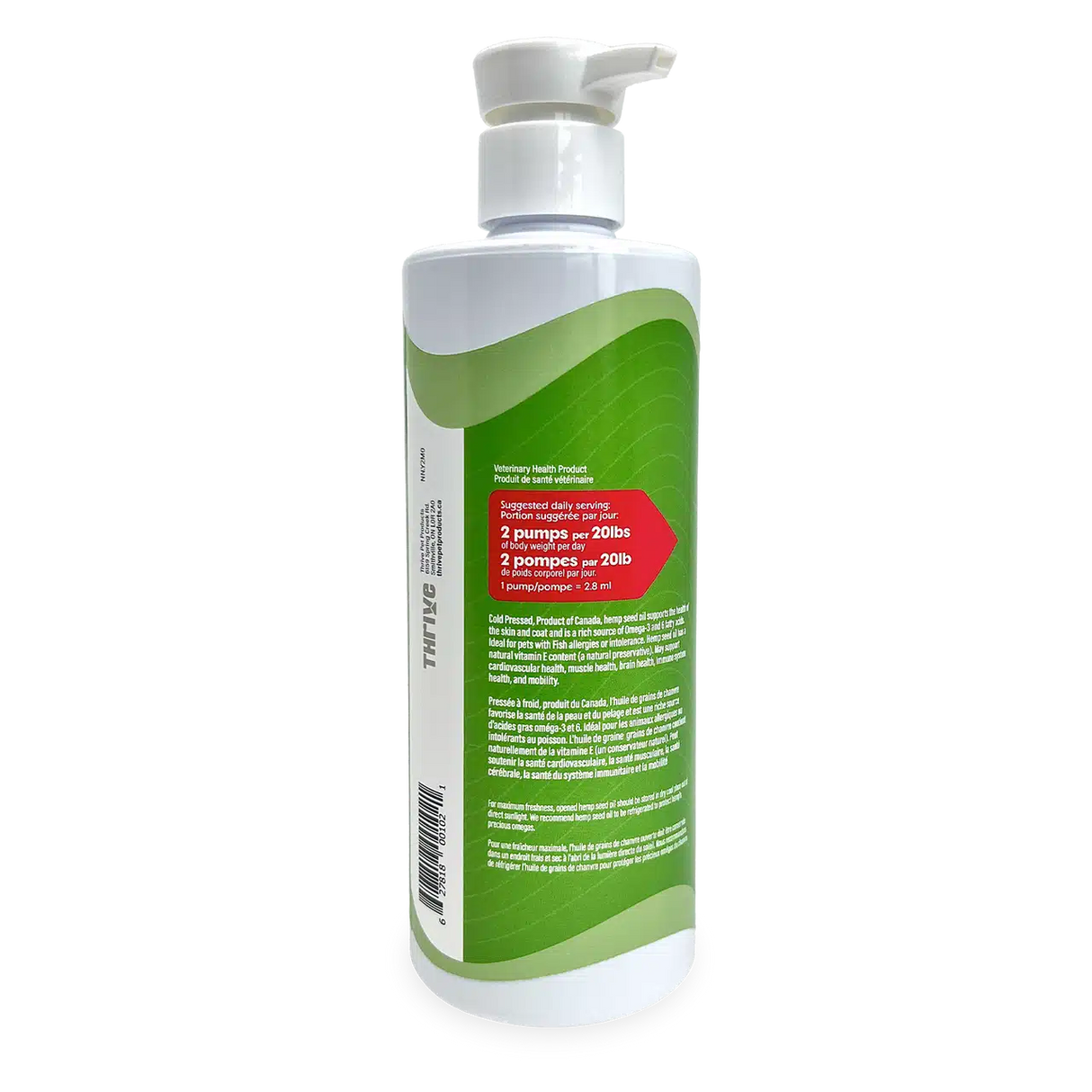 Thrive Hemp Seed Oil in a white pump-top bottle features a green label detailing dosing and health benefits for pets' skin, coat, and mobility.
