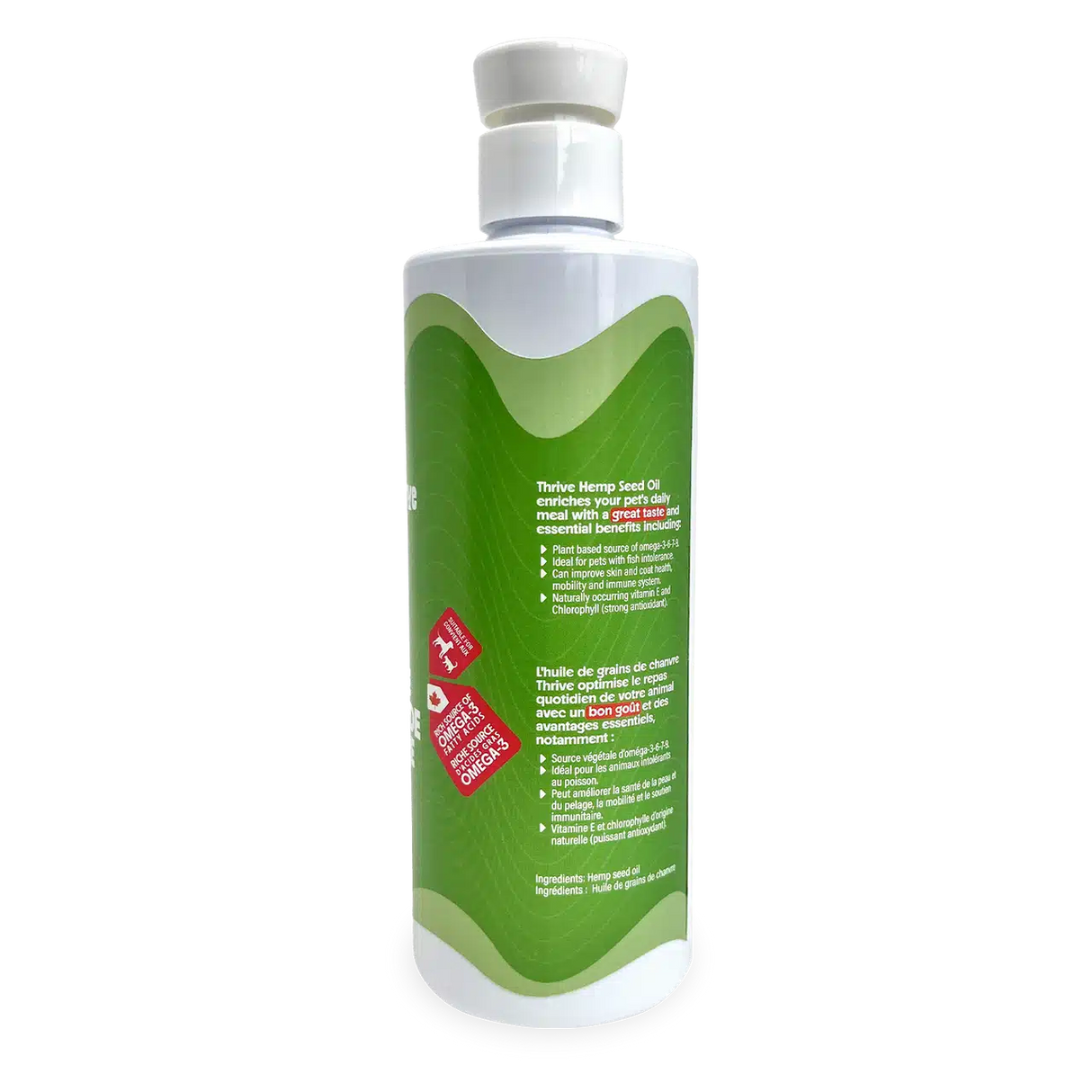 Thrive Hemp Seed Oil bottle with green label, highlighting its benefits as a plant-based omega source for pets, supporting skin, coat, joint, and immune health.