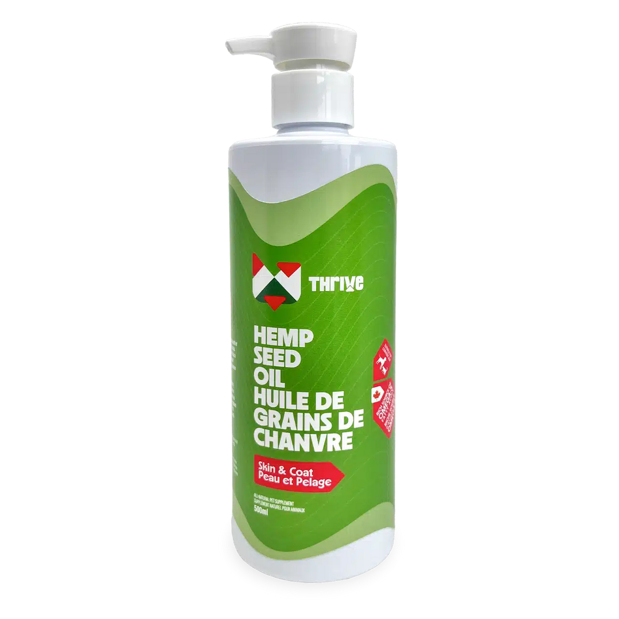 Thrive Hemp Seed Oil in a 500 mL pump-top bottle, labeled as a skin and coat supplement for pets, featuring English and French text and a Canadian maple-leaf icon.