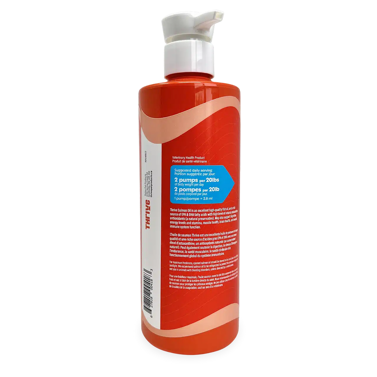 Thrive Salmon Oil in a red-orange pump bottle for pets, featuring dosage guidance and promoting Omega-3 benefits for heart, skin, and coat health.