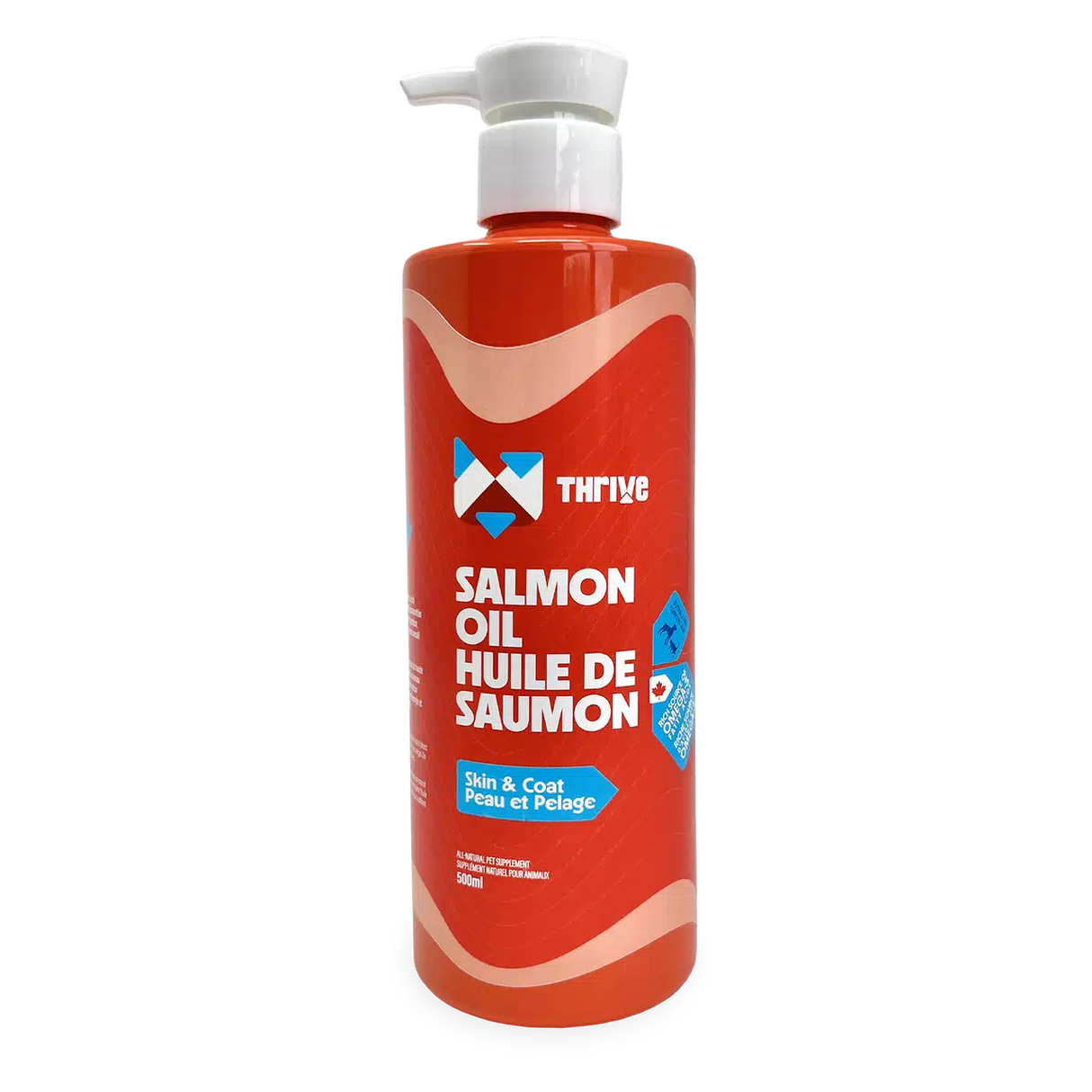 Thrive Salmon Oil, a 500 mL pump-top bottle, offers Omega-3 support for pets' skin and coat health, suitable for dogs and cats.