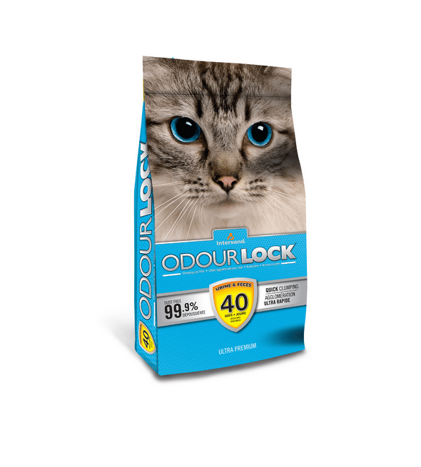 Odour Lock Cat Litter in a blue pouch featuring a cat's face, highlighting 99.9% dust-free, quick clumping, and up to 40 days odor control.